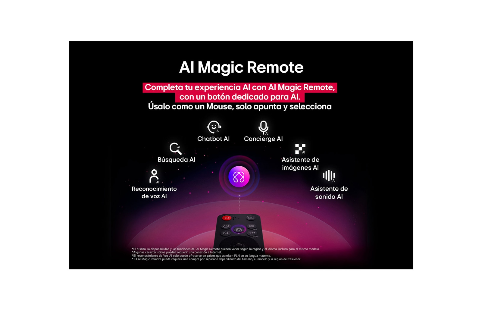 LG TV screen with an AI Magic Remote on the foreground. The AI button is highlighted and a speech bubble shows text, suggest a movie I like. On the screen we see the user icon E, indicating how AI Voice ID was able to identify which user it was and give personalized recommendations just based on their voice. 