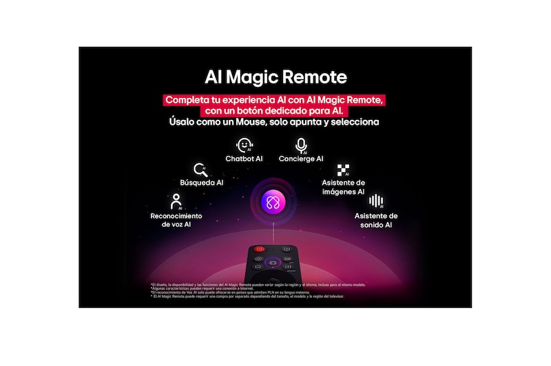 LG TV screen with an AI Magic Remote on the foreground. The AI button is highlighted and a speech bubble shows text, suggest a movie I like. On the screen we see the user icon E, indicating how AI Voice ID was able to identify which user it was and give personalized recommendations just based on their voice.