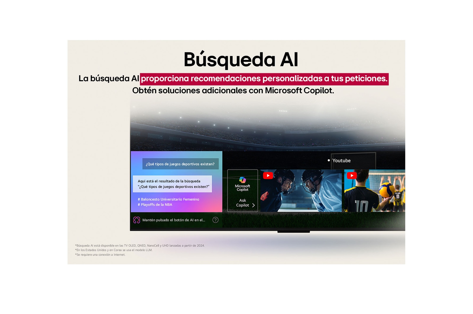 LG AI Magic Remote with the AI button highlighted. Around it are the different functionalities that a user can access from the button. AI Voice ID, AI Search, AI Chatbot, AI Concierge, AI Picture Wizard, AI Sound Wizard. The text explains that the LG AI Magic Remote completes your AI experience with a dedicated AI button and can be used like an air mouse. Just point and click.