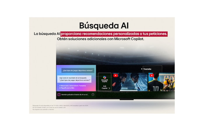 LG AI Magic Remote with the AI button highlighted. Around it are the different functionalities that a user can access from the button. AI Voice ID, AI Search, AI Chatbot, AI Concierge, AI Picture Wizard, AI Sound Wizard. The text explains that the LG AI Magic Remote completes your AI experience with a dedicated AI button and can be used like an air mouse. Just point and click.