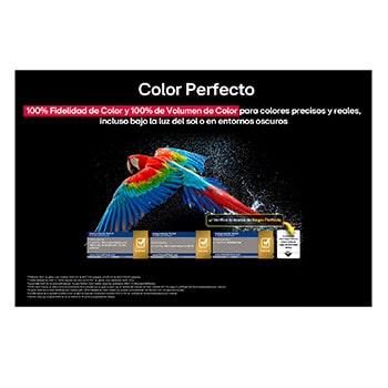 Colorful parrot in ultra-high definition against a black background. Water drops are suspended in the air all around it. The image showcases Perfect Color as each different hue on the parrot's body is vibrant and vivid. The dark background with the detailed water splashes also highlights how the screen is reflection-free. Different logo certifications from UL and Intertek are visible. These refer to its 100% Color Fidelity, 100% Color Volume, and reflection-free claim. Text is also visible, check the Perfect Color certification mark.