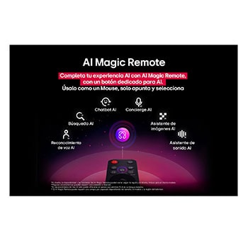 LG TV screen with an AI Magic Remote on the foreground. The AI button is highlighted and a speech bubble shows text, suggest a movie I like. On the screen we see the user icon E, indicating how AI Voice ID was able to identify which user it was and give personalized recommendations just based on their voice. 