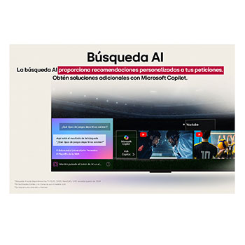 LG AI Magic Remote with the AI button highlighted. Around it are the different functionalities that a user can access from the button. AI Voice ID, AI Search, AI Chatbot, AI Concierge, AI Picture Wizard, AI Sound Wizard. The text explains that the LG AI Magic Remote completes your AI experience with a dedicated AI button and can be used like an air mouse. Just point and click.