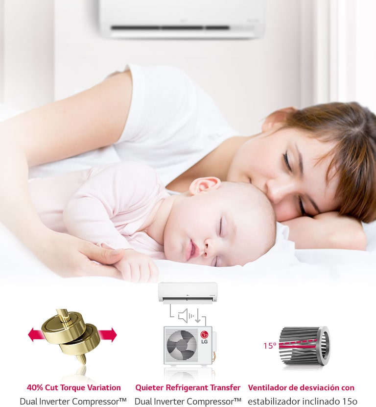 Madre e hijo descansan gracias al ventilador LG y compresor Dual Inverter™, para un funcionamiento silencioso.