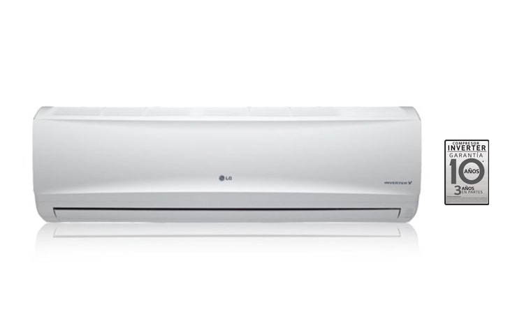 Front view of La vida se disfruta más con Econo Inverter V de LG, el nuevo aire acondicionado que refresca tu mundo y puede reducir el consumo de energía hasta en un 50%. VM242CL