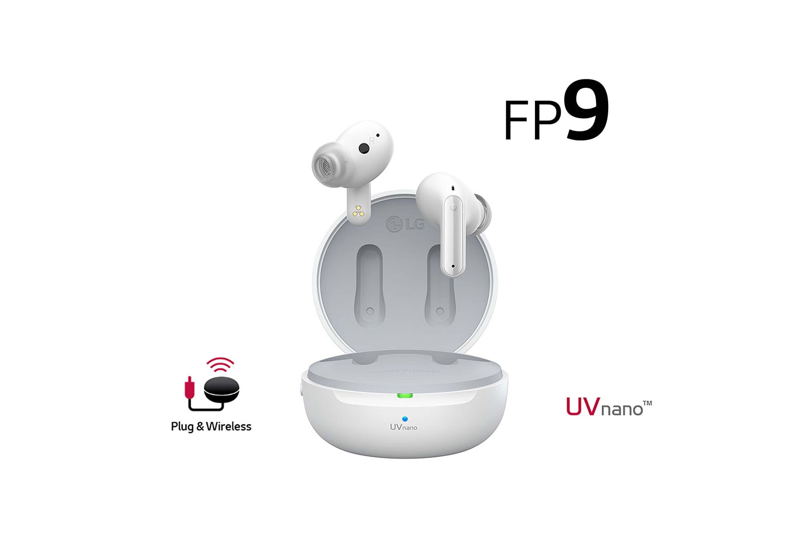Imagen con auriculares LG TONE Free flotando sobre una base de carga abierta.