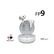 Imagen con auriculares LG TONE Free flotando sobre una base de carga abierta.