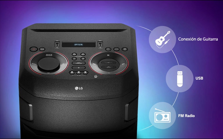 Una vista cercana de la parte superior de LG XBOOM, Conectividad icono son encuentra alrededor del producto.