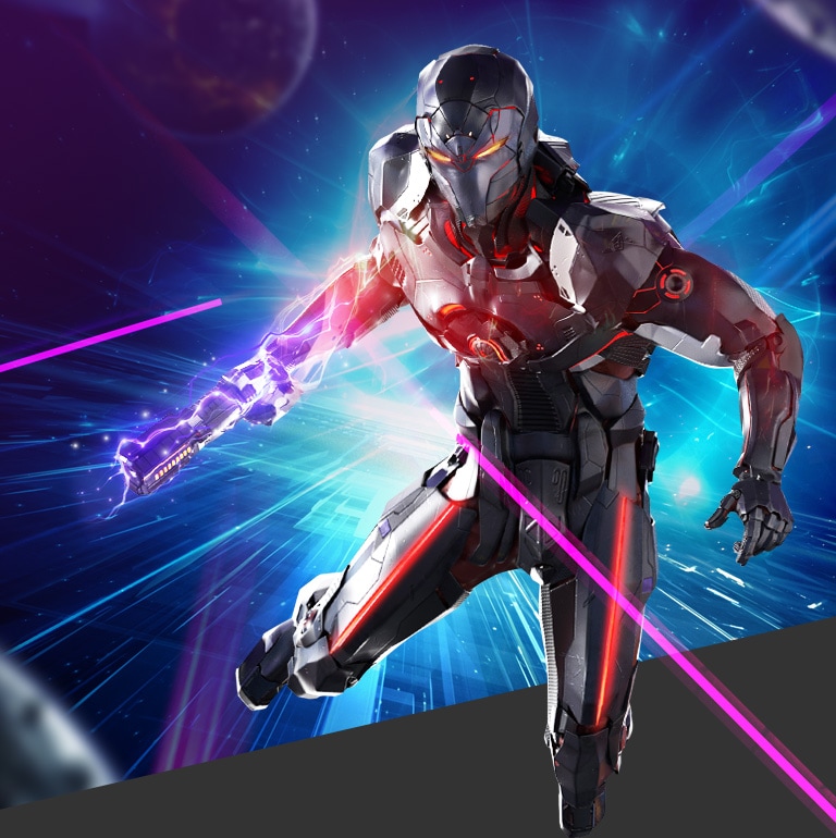 El personaje principal con un arma cargada. Expresando UHD 4K, 144Hz y 1ms (GtG).