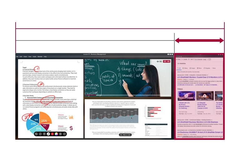 Administra fácilmente libros de texto, conferencias, conversaciones y búsquedas en una sola vista, y convierte la pantalla panorámica en tu aula favorita en línea.