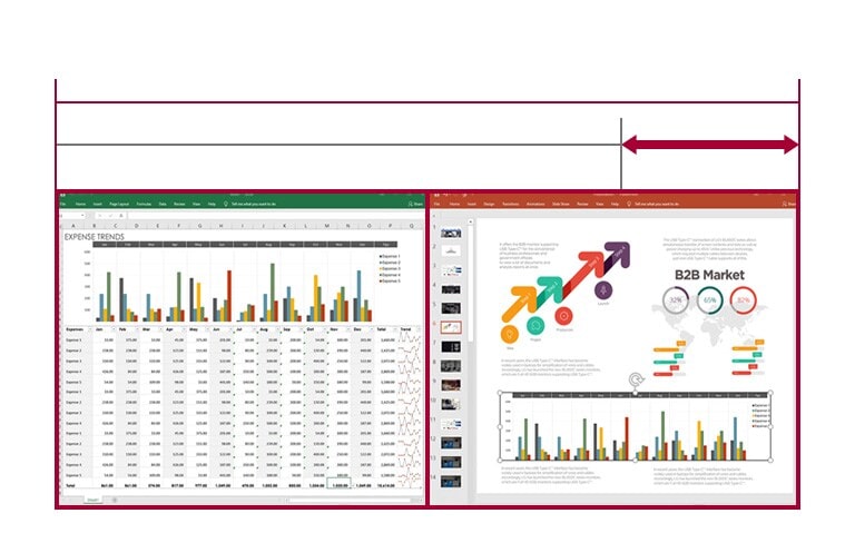 Imagen de visualización Side-by-Side de hojas de datos y diapositivas en la pantalla 21:9 Full HD UltraWide, algo que la pantalla 16:9 Full HD no permite por falta de espacio.