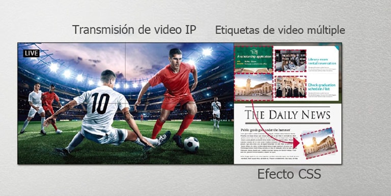 Un lado de la pared de video está transmitiendo en vivo un partido de fútbol, mientras que el otro lado de la pantalla utiliza efectos CSS para agregar más contenido.