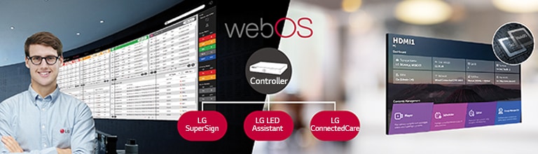 "El empleado de LG está monitoreando de forma remota la serie GSED instalada en un lugar diferente mediante el uso de una solución de monitoreo de LG basada en la nube. El controlador del sistema con webOS permite que la serie GSED sea compatible con las soluciones de software de LG".