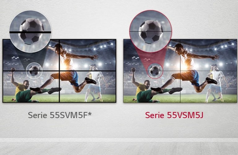 La serie 55VSM5J consta de menos espacios de imagen entre las pantallas en mosaico en comparación con la serie 55SVM5F. Esto mejora la experiencia de visualización del contenido mostrado, ya que minimiza la perturbación visual por los espacios.