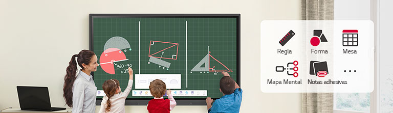 Los estudiantes están resolviendo problemas usando varios modelos de reglas en el menú LG CreateBoard.