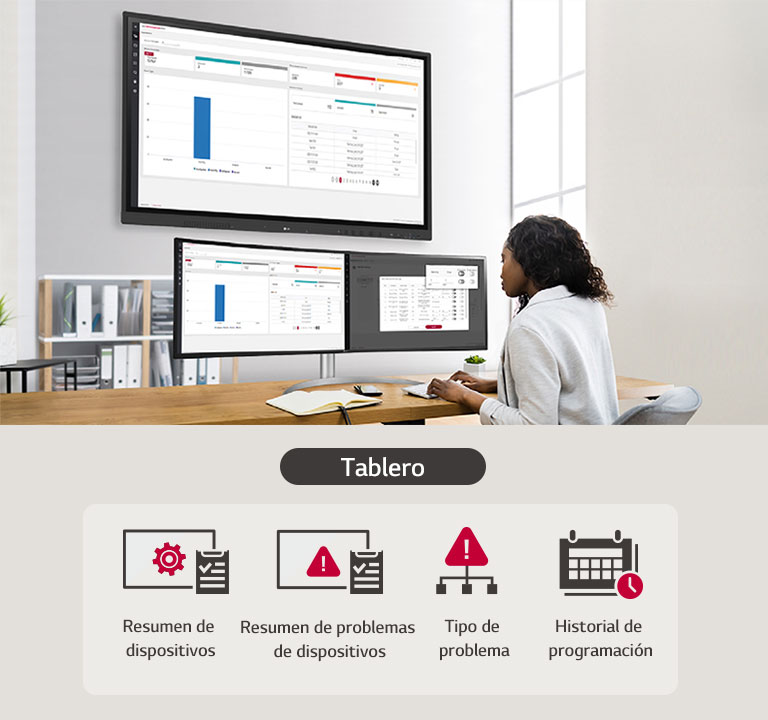 Un administrador de IT administra/controla el estado de LG CreateBoard a través de LG ConnectedCare DMS.