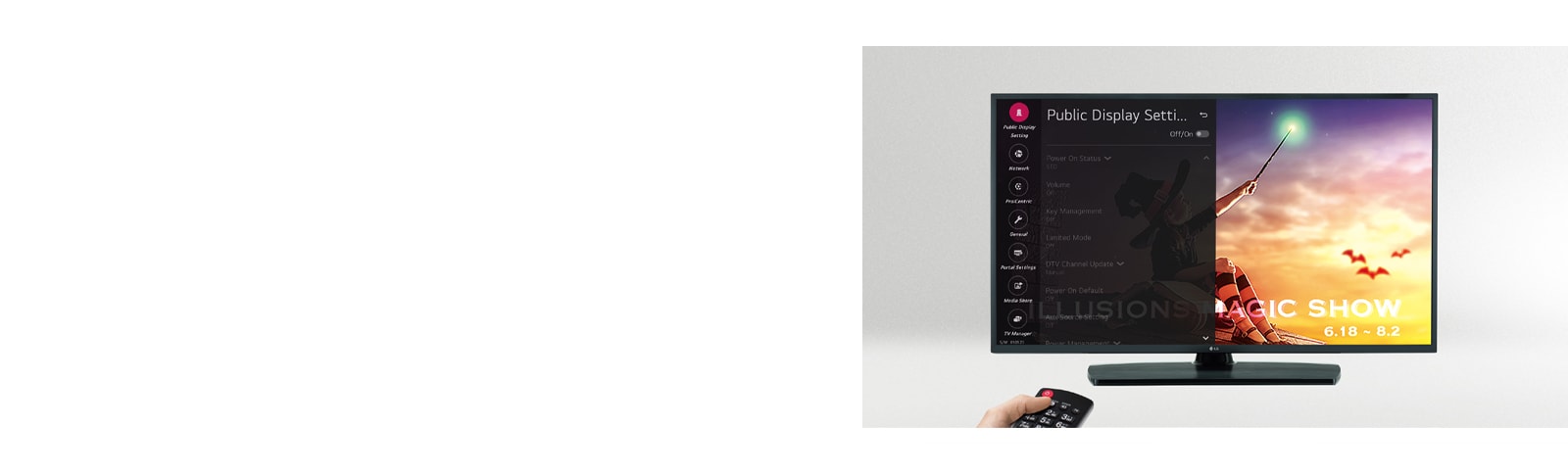 Una persona controla los ajustes del televisor con el modo de visualización Público.