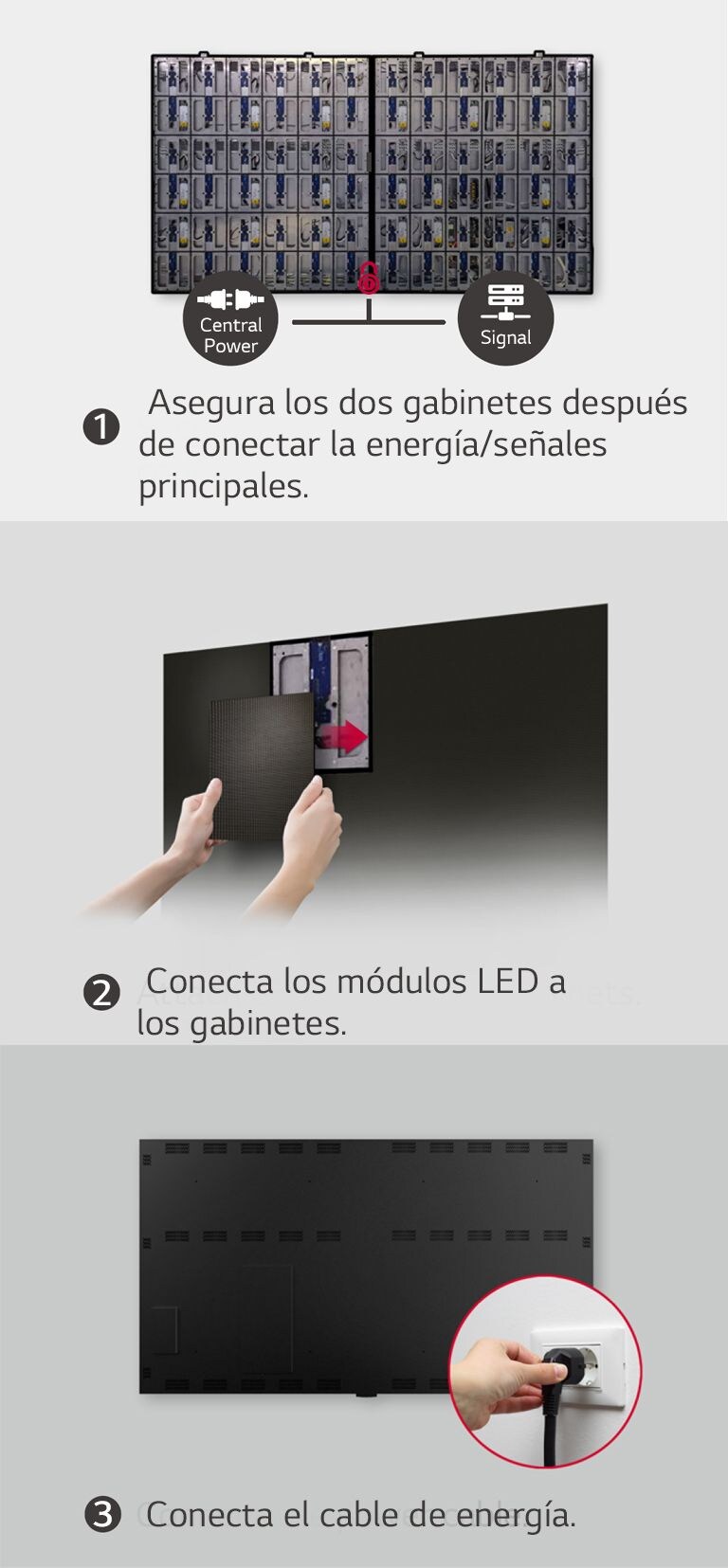 Consta de un total de imágenes de 3 pasos para fijar dos gabinetes, colocar los módulos LED y conectar el cable de alimentación.