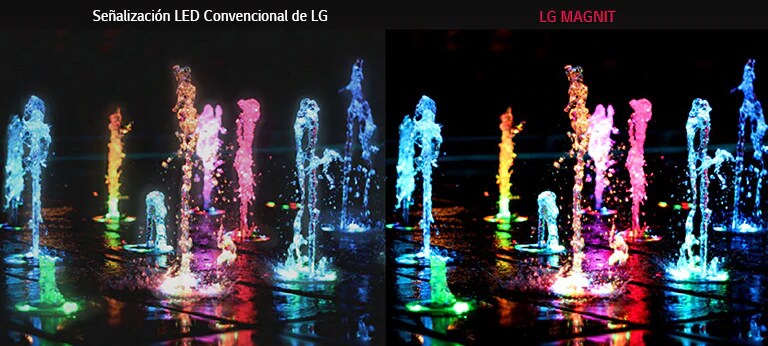 Fuente de piso con diferentes colores para mostrar la diferencia entre la señalización LED convencional de LG y MAGNIT en cuanto a la relación de contraste y claridad
