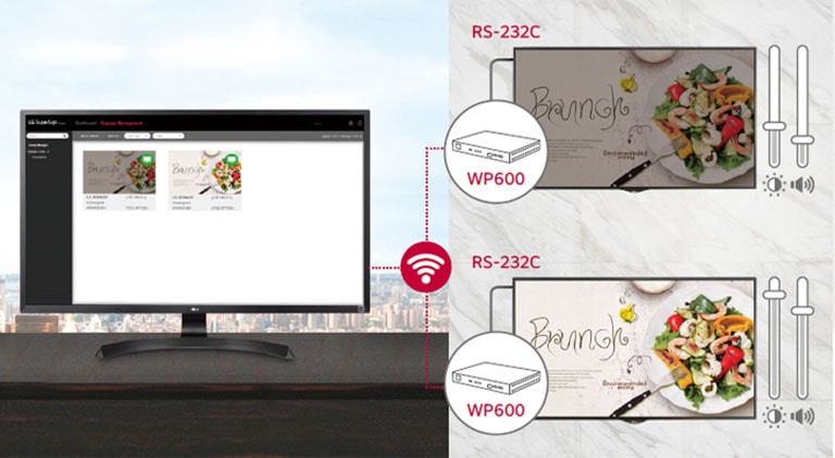 WP600 permite a los usuarios controlar de manera flexible el brillo y el volumen de múltiples carteles digitales LG a través de una conexión de cable RS-232C.