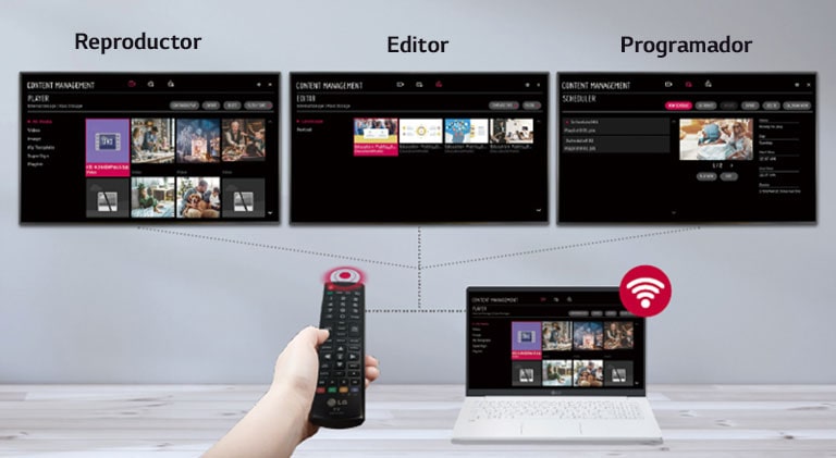 Los usuarios pueden configurar reproductores, editores, programadores, etc. para pantallas utilizando varios dispositivos, desde controles remotos hasta computadoras portátiles.