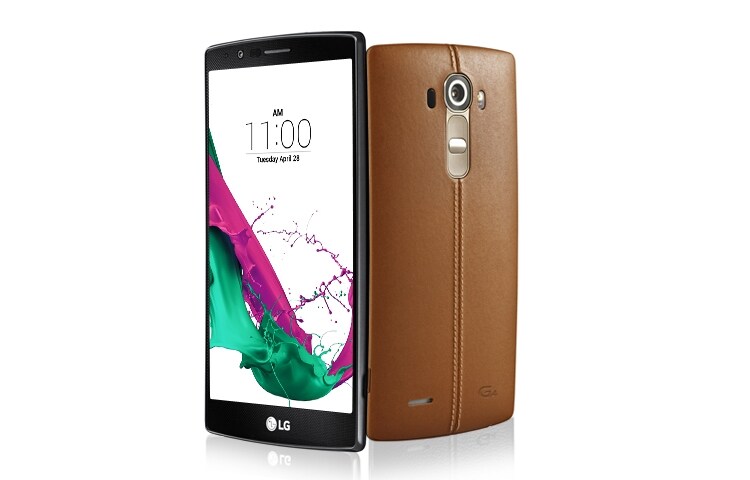 Front view of LG G4, Android 5.1 Lollipop, Display 5.5&#34; Quad HD, 8MP Front-Camera and IPS Quantum Display. LGH815P LEATHER BROWN