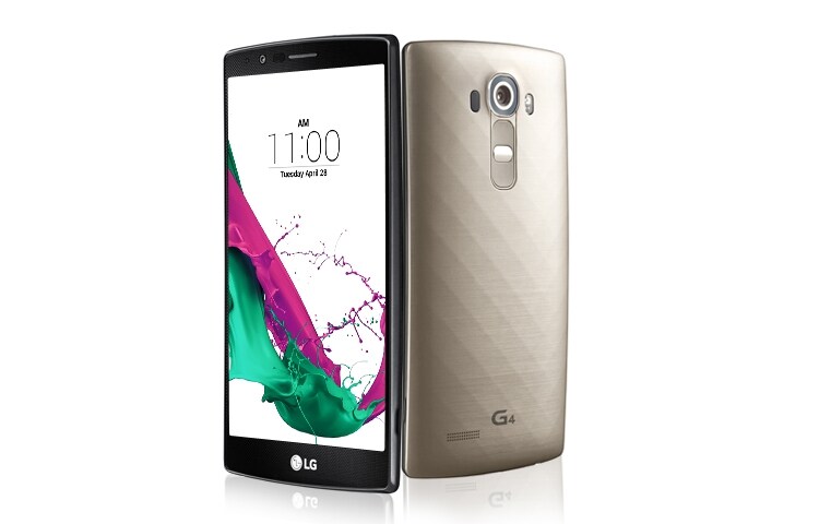 Front view of LG G4, Android 5.1 Lollipop, Pantalla 5.5&#39;&#39; Quad HD, cámara de 16MP con Laser Auto Focus y cámara frontal de 8MP LGH815P SHINY-GOLD