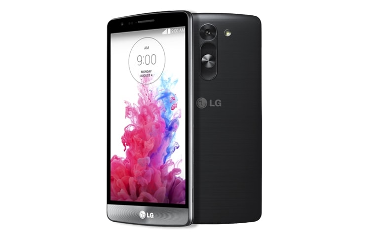 Front view of Smartphone 4G, Android™ 4.4.2 kit kat, Pantalla de 5” HD, diseño compacto, procesador Quadcore 1.2GHZ, cámara trasera de 8MP, batería de 2.540 mAh, disponible en Costa Rica / Rep. Dominicana LG G3 BEAT D722