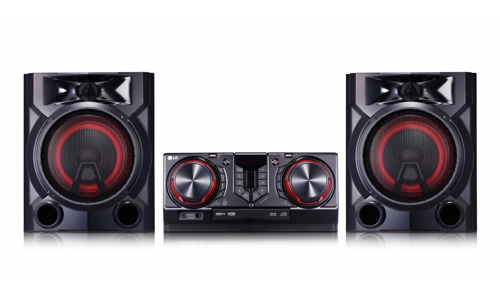 Front view of Minicomponente LG XBOOM CJ65 de 900 W de potencia RMS, Multi Bluetooth, party link, Karaoke CJ65