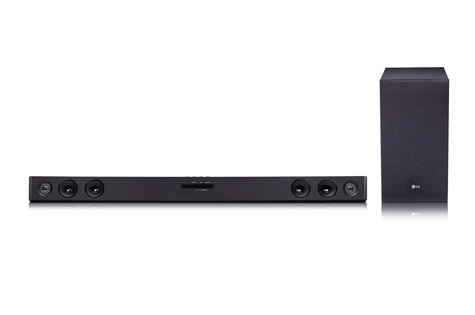 Front view of Barra de sonido LG SJ3 2.1 canales, 300W de potencia, Subwoofer Inalámbrico, Bluetooth SJ3