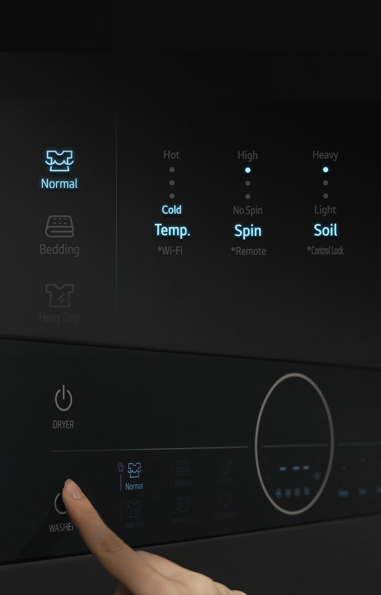 Una vista frontal de los botones de ciclo con algunos encendidos indicando qué ciclo se ha elegido. Una imagen inferior muestra un dedo presionando los botones en el panel para configurar el ciclo.