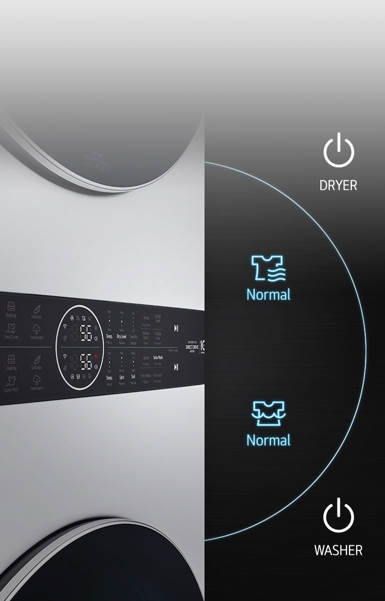 Se muestra una vista en ángulo lateral del panel de control frontal con varios botones iluminados. En el lateral hay una imagen ampliada de los botones de encendido de la lavadora y la secadora configurados en ciclo normal.