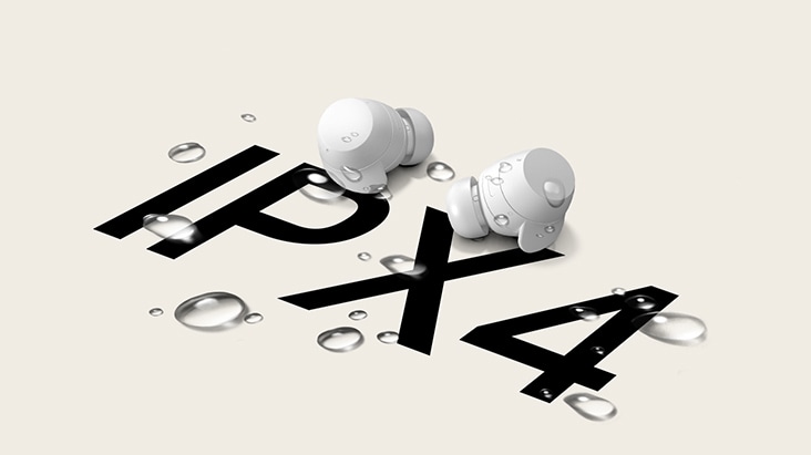 Un par de audífonos sobre el texto "IPX4" con algunas gotas de agua para indicar que es resistente al agua.