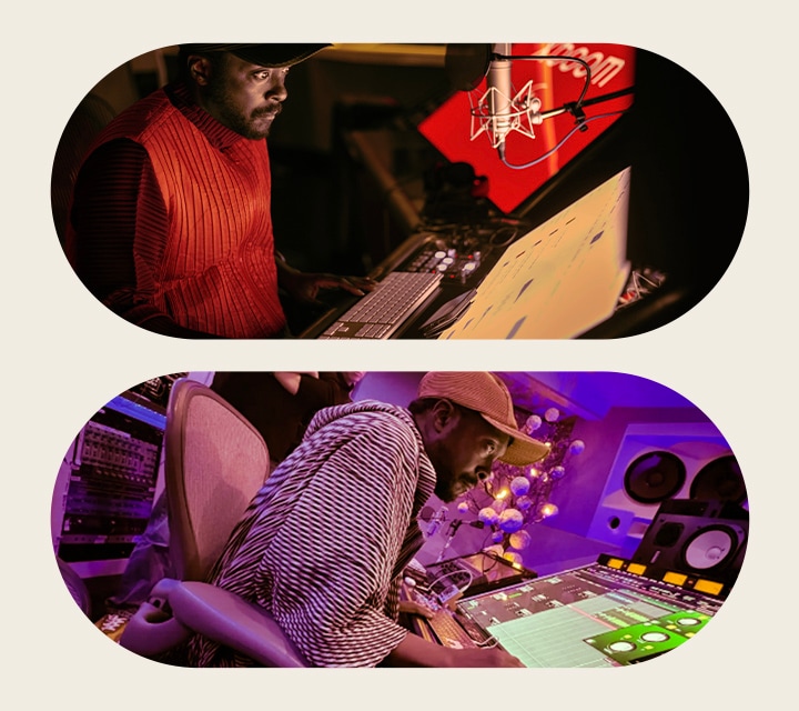 En la imagen superior, will.i.am está trabajando en un estudio de grabación con un chaleco rojo y mirando una pantalla que se encuentra frente a él. En la imagen inferior, will.i.am también está trabajando en un estudio mirando una pantalla con ventanas verdes.