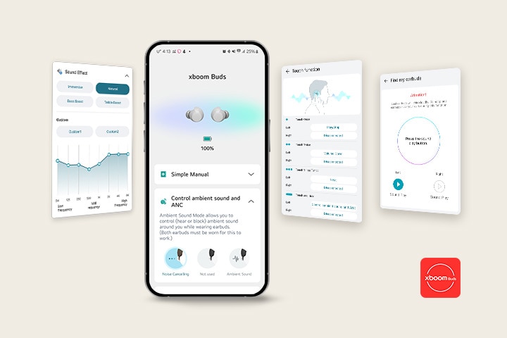 En un teléfono celular, la pantalla principal de la aplicación Xboom Buds permanece. A la izquierda, se encuentra la imagen de la interfaz de usuario de la función de ajuste de efectos de sonido de la misma aplicación y, a la derecha, se encuentran las imágenes de la interfaz de usuario de la función táctil y de la función Buscar mis auriculares.