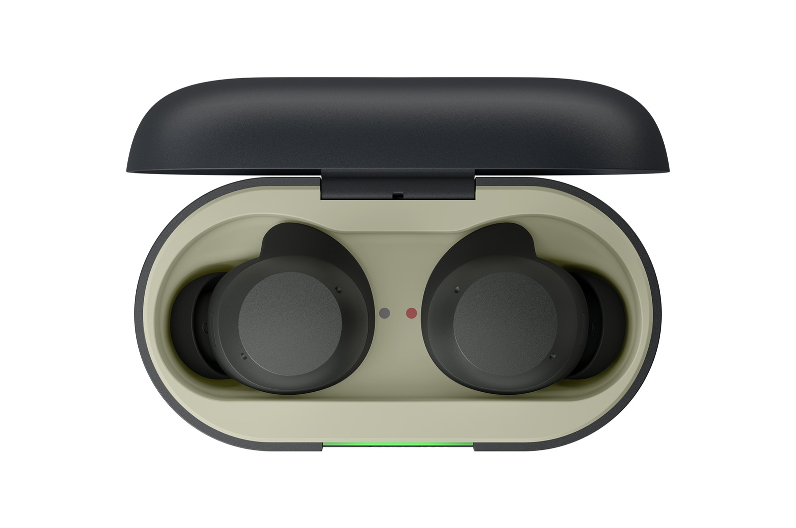 opened cradle top view with earbuds