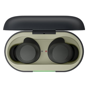 opened cradle top view with earbuds