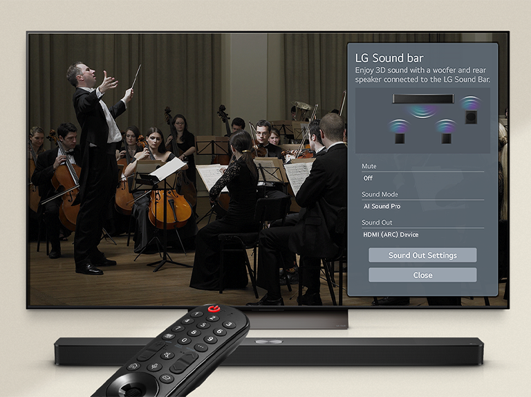 An image of an LG Soundbar, LG Remote, and  LG TV showing the WOW Interface on screen.