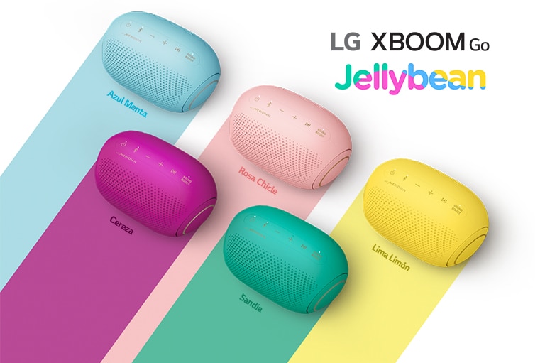 Cinco colores del LG XBOOM Go PL2 Serie Jellybean mostradas sobre un fondo blanco.