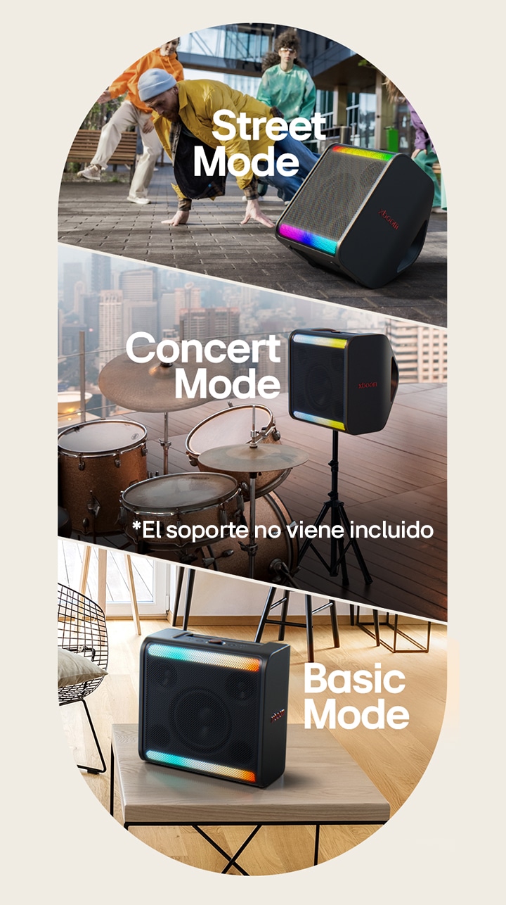 A la izquierda, el xboom Stage 301 se encuentra en el suelo frente a personas que bailan. En la parte central, el xboom Stage 301 está colocado sobre su soporte junto a una batería. A la derecha, el xboom Stage 301 se encuentra sobre una mesa en una sala de estar.