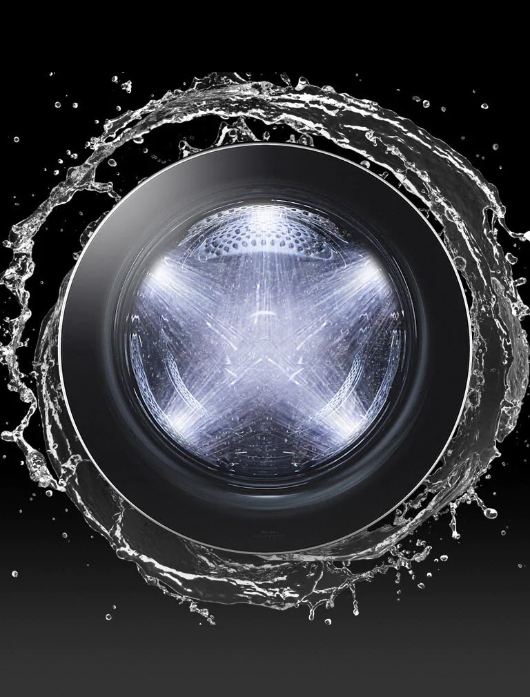 La vista frontal de la puerta de la lavadora se muestra iluminada, con cinco chorros de agua que fluyen en el interior y alrededor de la puerta hay un chorro de agua.