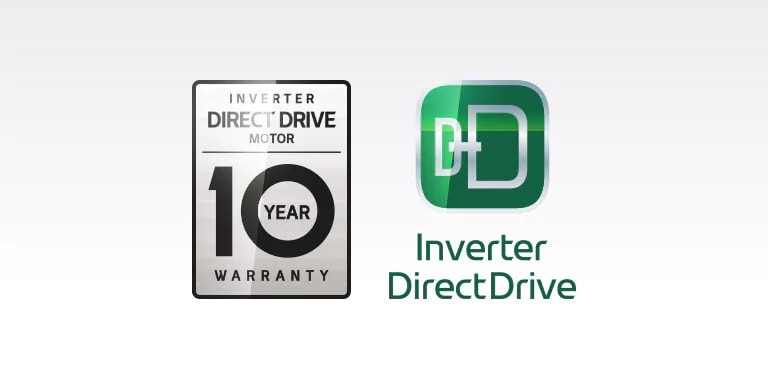 Fondo gris con el logotipo de la garantía de 10 años de Inverter DirectDrive, el logotipo de Inverter DirectDrive y un botón rojo con la leyenda "Más información" que lleva a los visitantes al micro sitio de Core Tech.