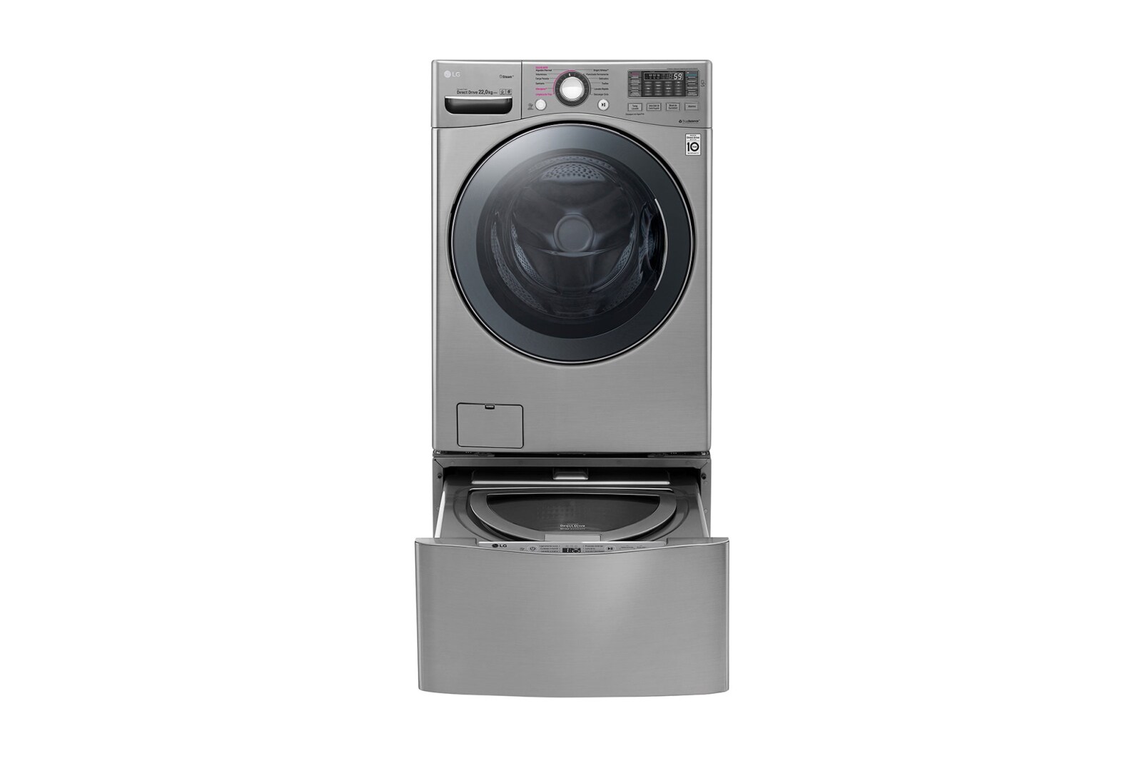 Front view of Lavadora Direct Drive Inverter de Carga Frontal, Capacidad 20 kgs, 6 Motion DD, TurboWash™, color plateado WM22VVS6