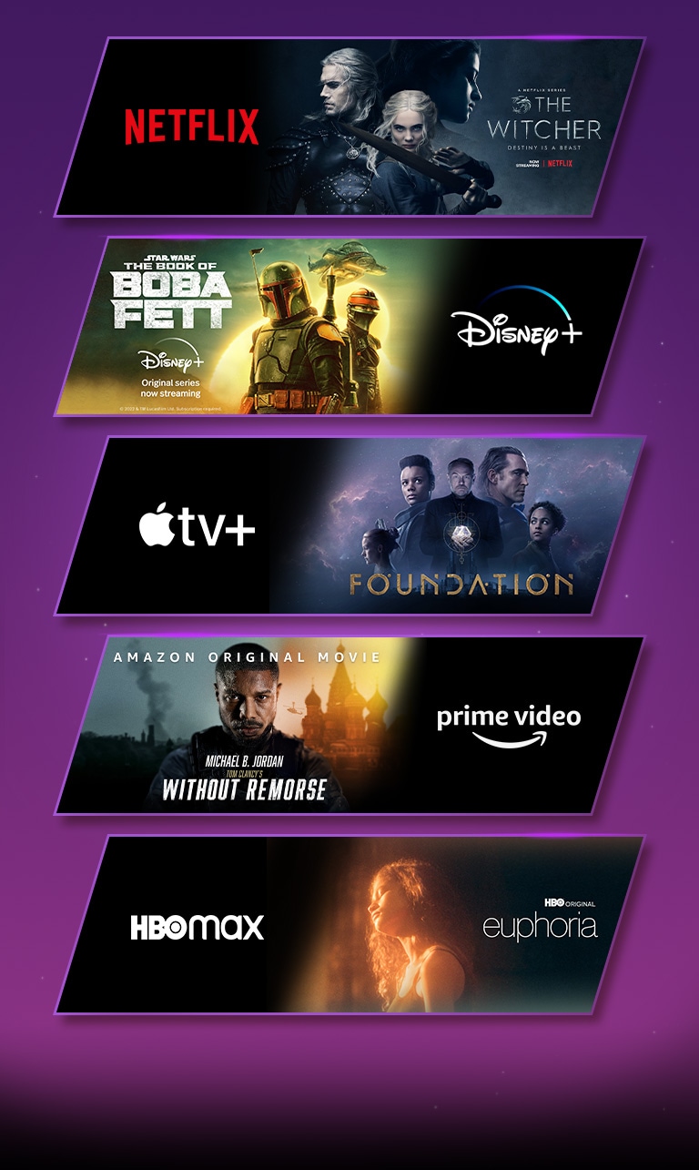 Hay cinco bloques de imágenes: cada uno con el logotipo de la plataforma de streaming y la imagen de las grabaciones. El logotipo de Netflix con The Witcher, el logotipo de Disney+ con Boba Fett, el logotipo de Apple TV+ con Foundation, el logotipo de Prime Video con Sin Remordimientos y el logotipo de HBO Max con Euforia.