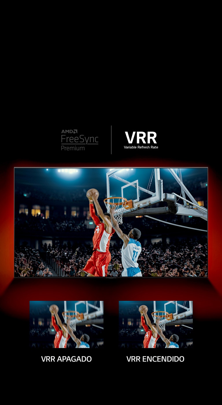 Hay un televisor QNED enfrentado a una pared roja: la imagen en pantalla muestra un juego de baloncesto con dos jugadores. Debajo hay dos cuadros de imagen. El de la izquierda dice VRR APAGADO y muestra la imagen de arriba borrosa, el de la derecha dice VRR ENCENDIDO y muestra esa misma imagen.