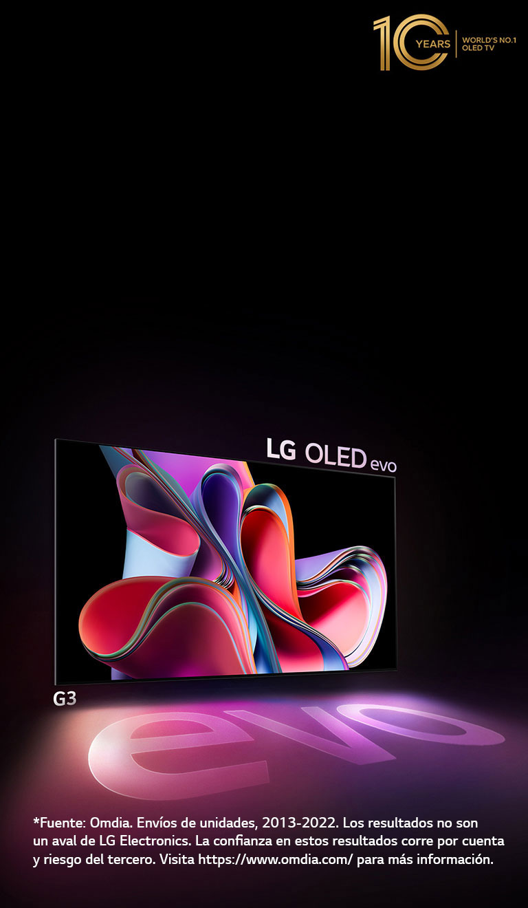 Una imagen del LG OLED G3 sobre un fondo negro que muestra una ilustración brillante y abstracta, color rosa y violeta. La pantalla proyecta una sombra de colores en la que aparece la palabra &quot;evo&quot;. La frase &quot;El mejor televisor OLED del mundo de la última década&quot; está en la esquina superior izquierda de la imagen. 