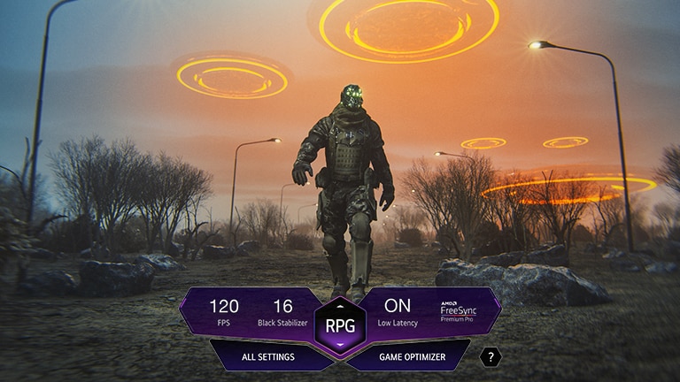 Una pantalla de televisión con un panel de control para juegos en el centro muestra a un soldado que avanza en medio de un paisaje desolado.