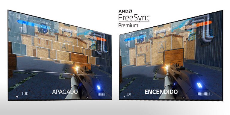 Dos pantallas de televisión, una al lado de la otra, que muestran un juego de disparos. La que está a la izquierda muestra FreeSync desactivado y la derecha FreeSync activado.