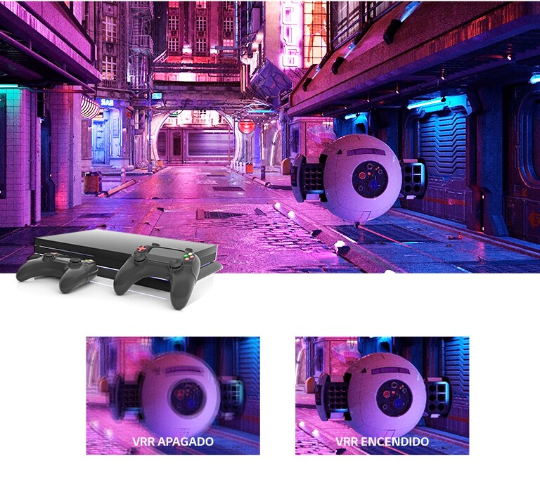 Una calle iluminada de color rosa con un artilugio robótico futurista y una consola de juegos encima de la imagen. Debajo hay dos primeros planos del artilugio robótico: el de la izquierda borroso, mostrando el VRR apagado, y el de la derecha nítido, mostrando la imagen con VRR.