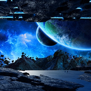Una escena del espacio rocoso con un planeta grande apareciendo desde la esquina derecha superior de la pantalla.